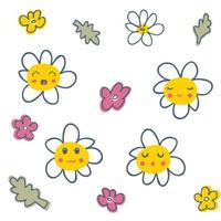 Daisy flowers set with cartoon funny faces. Cute chamomile characters collection with happy emotions. vector