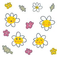 Daisy flowers set with cartoon funny faces. Cute chamomile characters collection with happy emotions. vector