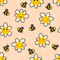 Daisy flowers and bees summer seamless pattern. vector