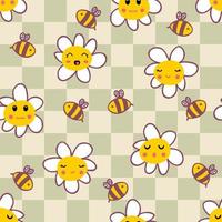 Retro style checkerboard seamless pattern with daisies and bees. vector