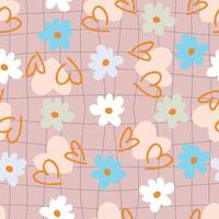 Trippy grid seamless pattern with hearts and daisy flowers. vector