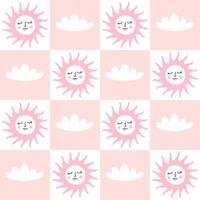 Grid retro seamless pattern with sun and clouds in 1970s style. vector