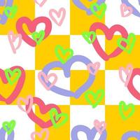 Hearts retro seamless pattern on checkered background. vector