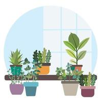 A small in-house garden shows many types of pot, container for many kinds of trees, herbs and vegetables. Flat vector style image.