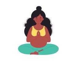 Black pregnant woman meditating in lotus pose. Healthy pregnancy, yoga vector