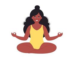 Black woman meditating in swimsuit. Healthy lifestyle, yoga, relax, breathing