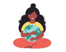 Black woman hugging Earth globe. Earth Day, saving planet vector