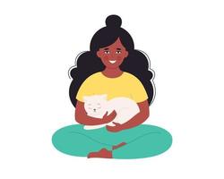 Black woman holding cat. Woman with pet. Happy pet owner vector