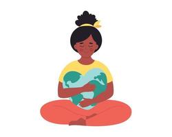 Black woman hugging Earth globe. Earth Day, saving planet vector