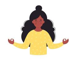 mujer negra meditando. salud mental. estilo de vida saludable, yoga, relajación, ejercicio de respiración vector