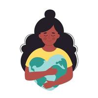 Black woman hugging Earth globe. Earth Day, saving planet
