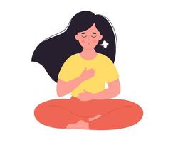 Woman doing breathing exercise. Woman meditating in lotus pose. World yoga day, mental wellness vector