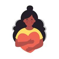 mujer negra abrazando el corazón. amor propio, emoción positiva, salud mental, bienestar mental