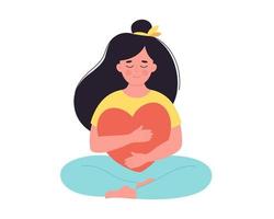 Woman hugging heart. Self love, positive emotion, mental health, freedom, mental wellbeing vector