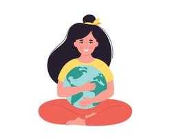 Woman hugging Earth globe. Earth Day, saving planet, nature protect vector