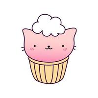 ilustración dibujada a mano de un cupcake divertido kawaii con orejas de gato. concepto de diseño para cat cafe, impresión infantil. vector