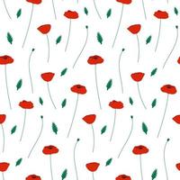 Red poppy flowers seamless pattern on white background. Trendy vector floral pattern design. Texture for web, textile and stationery.