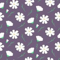 Cosmos flower seamless pattern. White flowers on purple background. For textile, wallpapers, print, greeting, web pages.