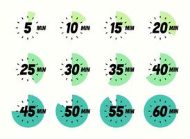 Timer icon set, modern vector design. Clock, stop watch, chronometer showing different minutes. Cooking time label.