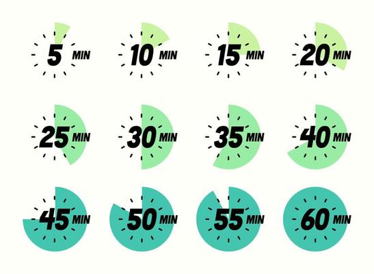 Timer icon set, modern vector design. Clock, stop watch, chronometer showing different minutes. Cooking time label.