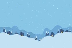 Christmas winter village background, holidays in mountains vector design. Cartoon hand drawn graphics with space for logo branding or text.