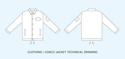 Coach jacket technical drawing template. Fashion streetwear editable vector, two sides of garment. Black and white clothing schematics on isolated background.