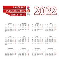 Calendar 2022 in English language with public holidays the country of Hong Kong in year 2022. vector