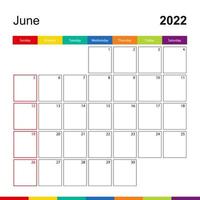 calendario de pared colorido de junio de 2022, la semana comienza el domingo. vector