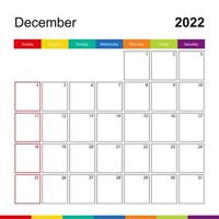 calendario de pared colorido de diciembre de 2022, la semana comienza el domingo. vector