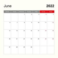 Wall calendar template for June 2022. Holiday and event planner, week starts on Monday. vector