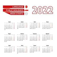 calendario 2022 en idioma turco con días festivos en el país de turquía en el año 2022. vector