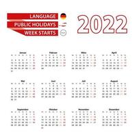 Calendar 2022 in Germany language with public holidays the country of Austria in year 2022. vector