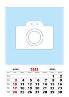 April 2022 calendar planner A3 size with place for your photo. vector