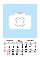 November 2022 calendar planner A3 size with place for your photo. vector