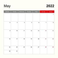 Wall calendar template for May 2022. Holiday and event planner, week starts on Monday. vector