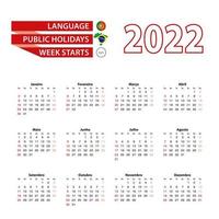 Calendar 2022 in Portuguese language with public holidays the country of Brazil in year 2022. vector