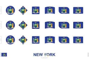 juego de banderas de nueva york, banderas simples de nueva york con tres efectos diferentes. vector
