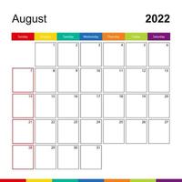 calendario de pared colorido de agosto de 2022, la semana comienza el domingo. vector