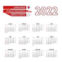 Calendario 2022 en idioma inglés con días festivos en el país de Canadá en el año 2022. vector