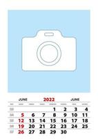 June 2022 calendar planner A3 size with place for your photo. vector