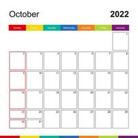 calendario de pared colorido de octubre de 2022, la semana comienza el domingo. vector