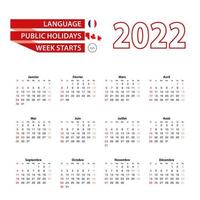 Calendario 2022 en idioma francés con días festivos en el país de Canadá en el año 2022.
