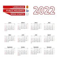 calendario 2022 en idioma español con días festivos el país de uruguay en el año 2022. vector