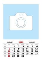 August 2022 calendar planner A3 size with place for your photo. vector