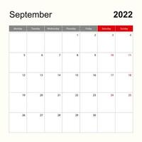 Wall calendar template for September 2022. Holiday and event planner, week starts on Monday. vector