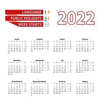 Calendar 2022 in Irish language with public holidays the country of Ireland in year 2022. vector