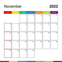 calendario de pared colorido de noviembre de 2022, la semana comienza el domingo. vector