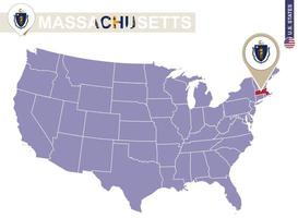 Massachusetts State on USA Map. Massachusetts flag and map. vector