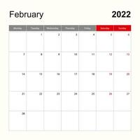 Wall calendar template for February 2022. Holiday and event planner, week starts on Monday. vector