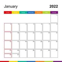 calendario de pared colorido de enero de 2022, la semana comienza el domingo. vector